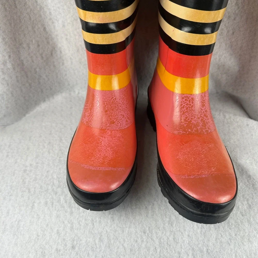 Charlie Paige Rain Boots Womens 7 Pink Orange Striped Tall Rubber Waterproof